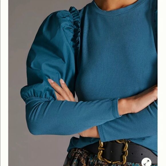 Anthropologie Ruffled Contrast Top | Size: XS Petite | Color: Turquoise - Picture 3 of 6